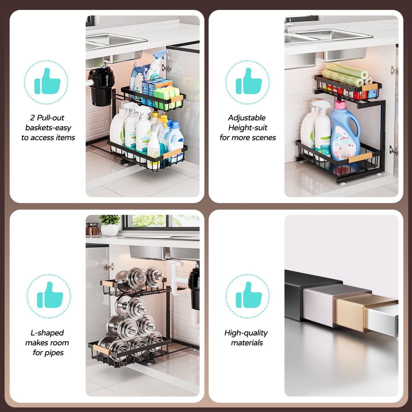 Under Sink Organizer, 2 Pack 2 Tier Expandable Height (13.2" - 17.2") Pulling Out Kitchen Bathroom Cabinet Organizers
