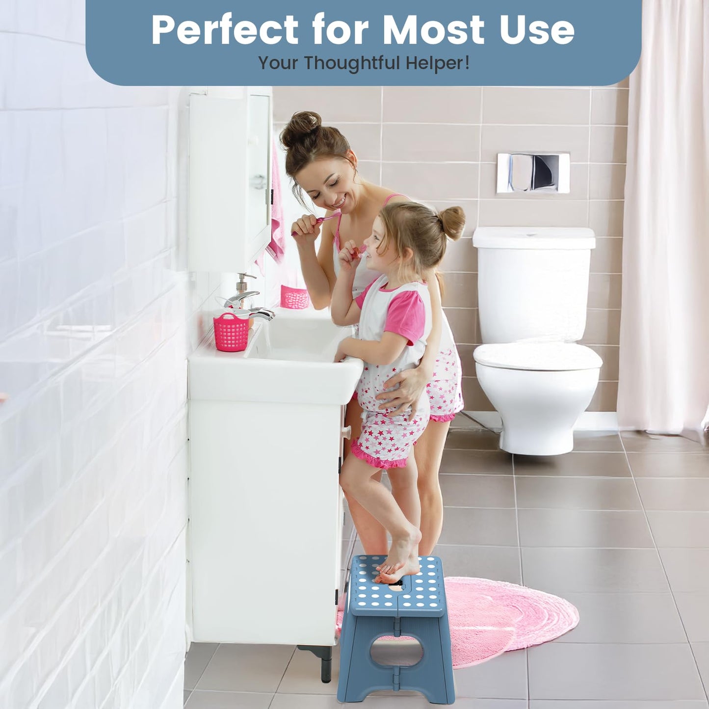 Folding Step Stool 9 Inch - Holds 600 lb, Non-Slip Surface & Carry Handle - Sturdy Step Stool for Kids, Toddlers & Adults - Compact Foldable Foot Stool for Kitchen, Bathroom, Bedroom(Blue)