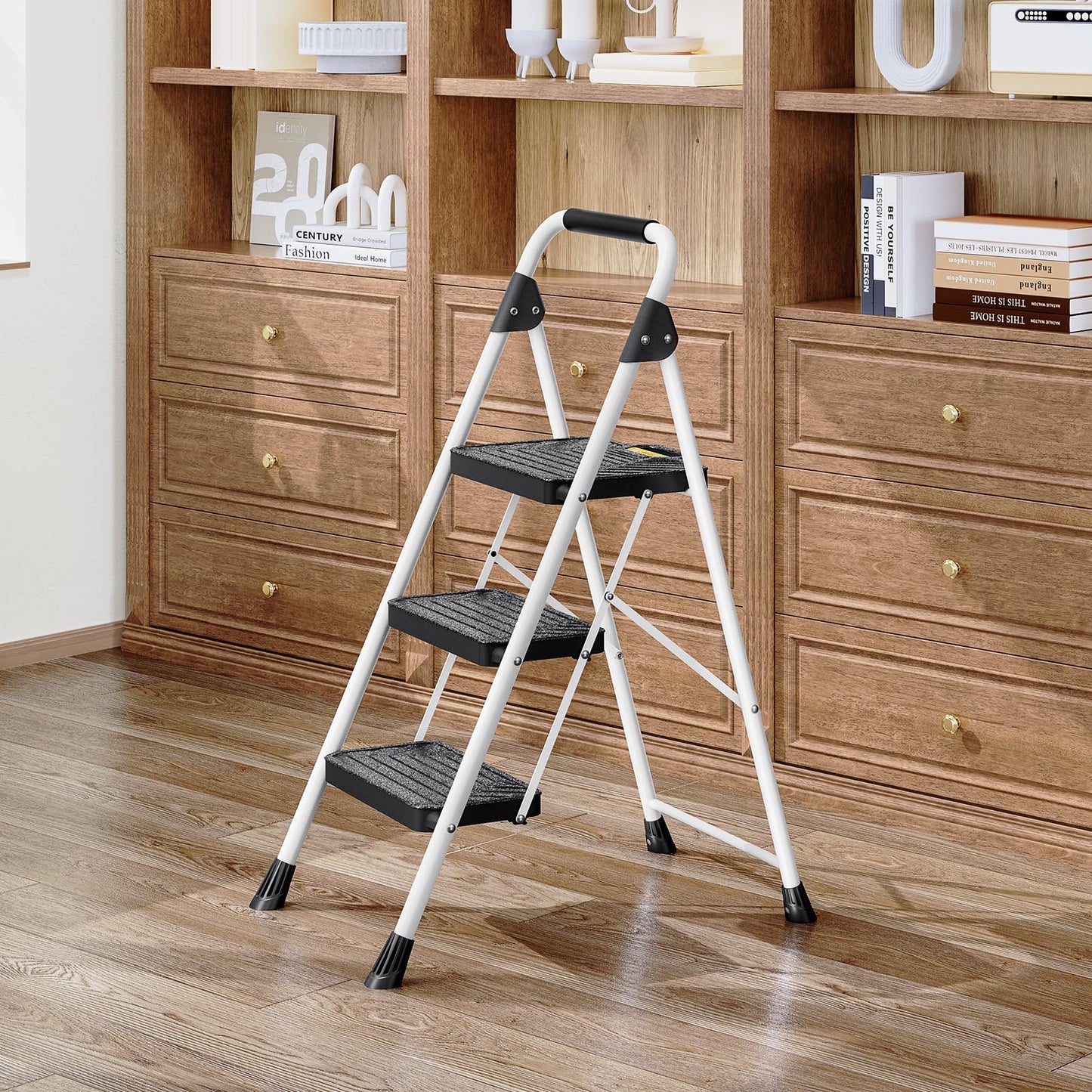 Sturdy Steel 3 Step Ladder, Folding Step Stool with Handrail, Anti-Slip Wide Pedals, Safe-Lock Design, Pass 800lbs Load Testing, Portable Ladder for Multi-Purpose in Home, Kitchen, White