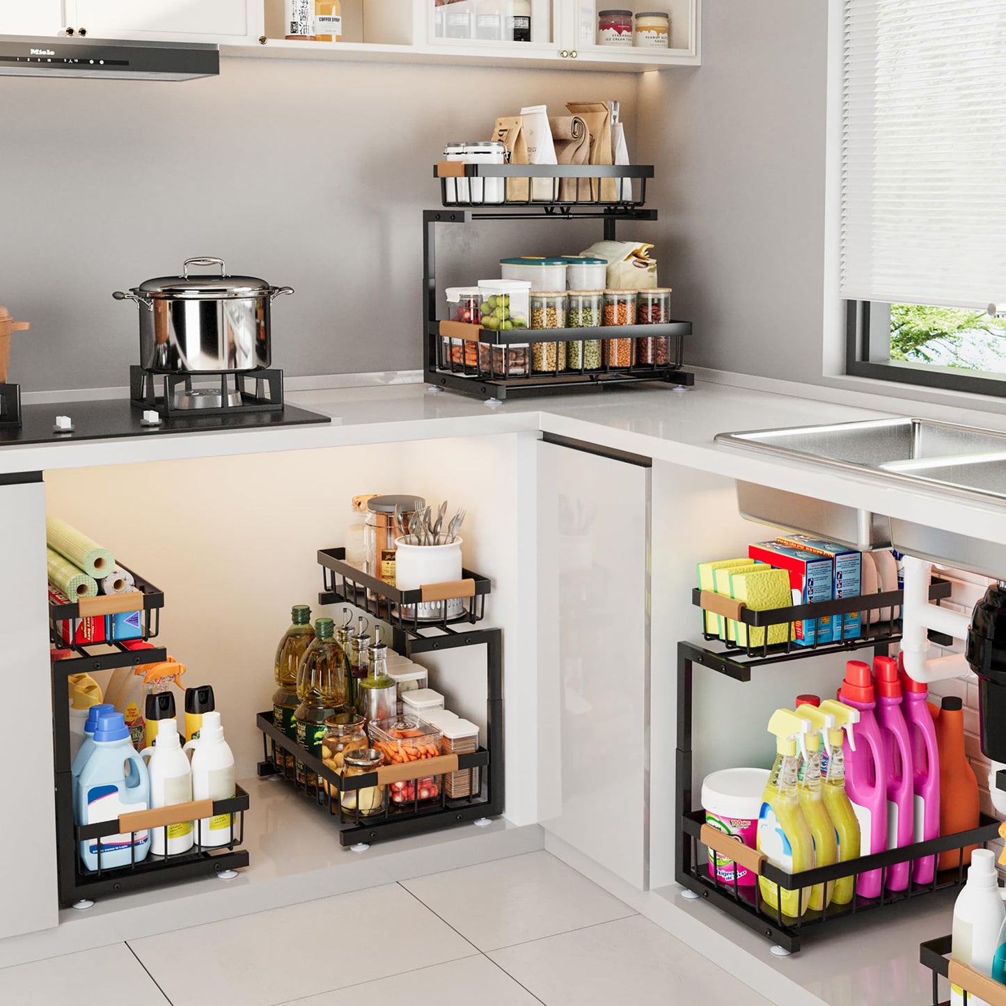 Under Sink Organizer, 2 Pack 2 Tier Expandable Height (13.2" - 17.2") Pulling Out Kitchen Bathroom Cabinet Organizers