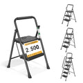 2 Step Ladder, Folding Step Stool with Wide Anti-Slip Pedals, 500lbs Sturdy Steel Ladder with Handrail, Space-Saving, Portable for Home & Adults, Black