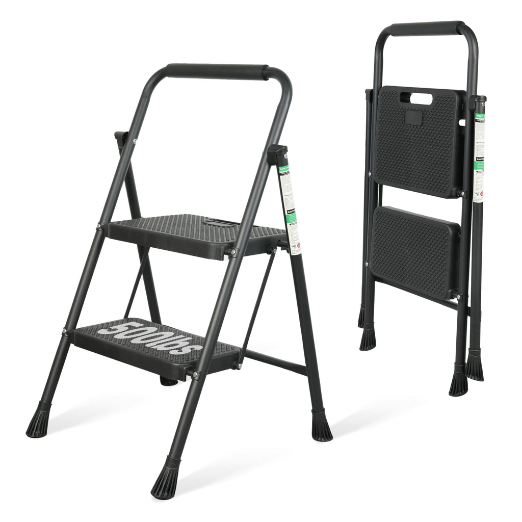 2 Step Ladder, Portable Steel Folding Step Stool with Wide Anti-Slip Pedal & Convenient Handgrip, 500lbs Sturdy Steel Ladder, Black