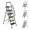 5 Step Ladder, Folding Step Stool with Wide Anti-Slip Pedals, Sturdy Steel Ladder with Handrail, Tool Platfor, Portable for Home & Adults, Black