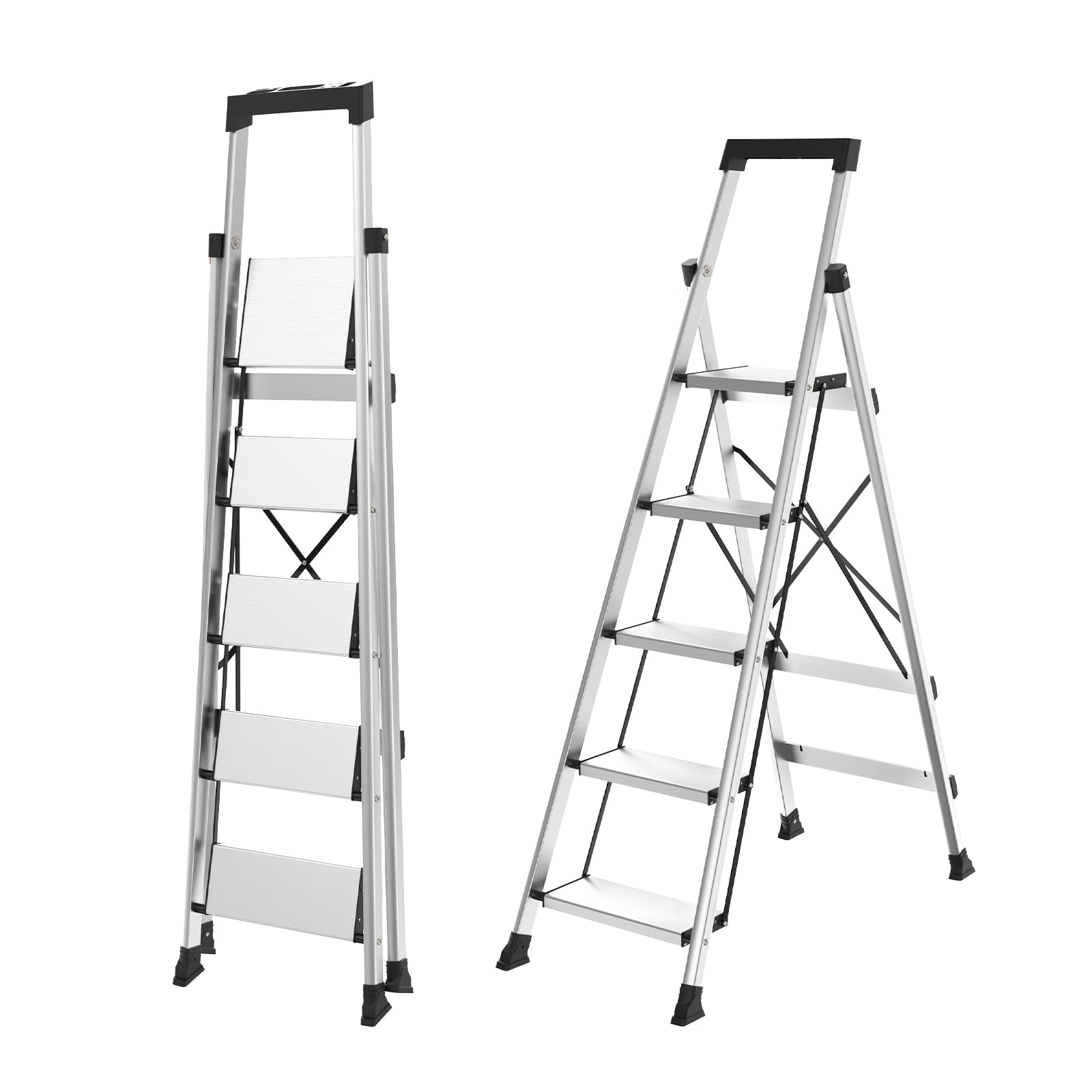 5 Aluminum Step Ladder, Strudy Ladders for Home with Tool Tray, Anti-Slip Folding Step Stool for Adults, Light Weight Portable 330lbs Safety for Kitchen Warehouse Outdoor Work