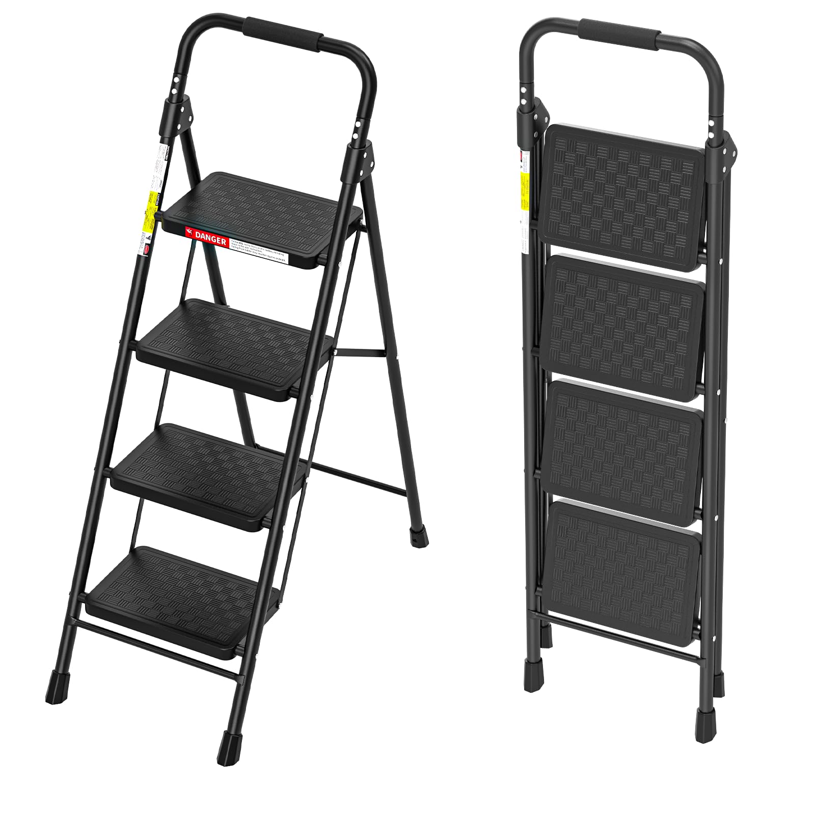 4 Step Ladder, Folding Step Stool with Wide Anti-Slip Pedal, Step Stool Foldable with Cushioned Handle for Home and Kitchen, Black