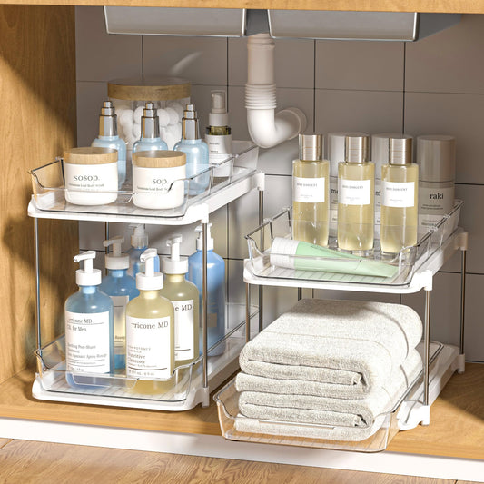 2 Sets of 2-Tier Multi-Purpose Bathroom Under Sink Organizers and Storage, Stackable Kitchen Pantry Organization, Pull Out Medicine Cabinet Organizer with 8 Movable Dividers