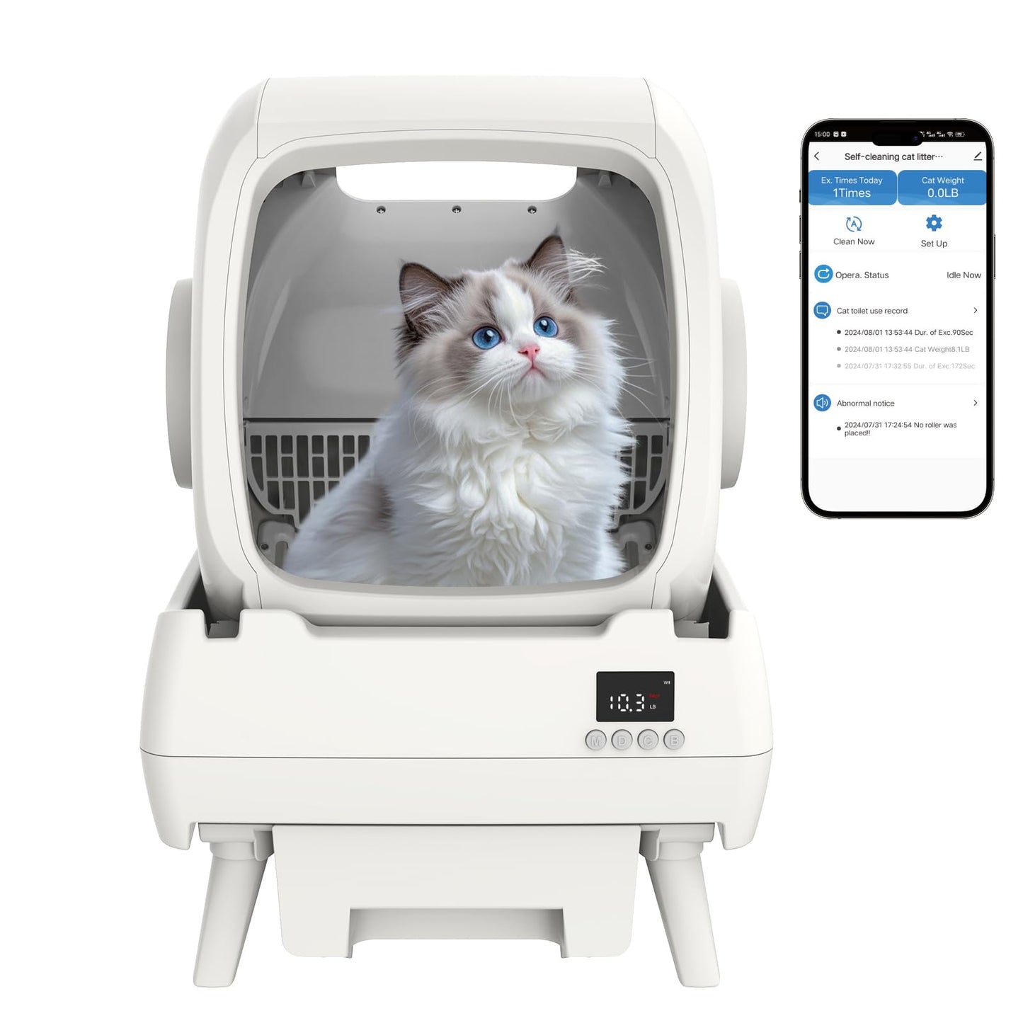Automatic Cat Litter Box Self Cleaning - App Control, Cat Toilet Records, Suitable for Medium Cats and Kittens, Anti-Pinch Safety, Low Noise Operation【Assembly Required】- White