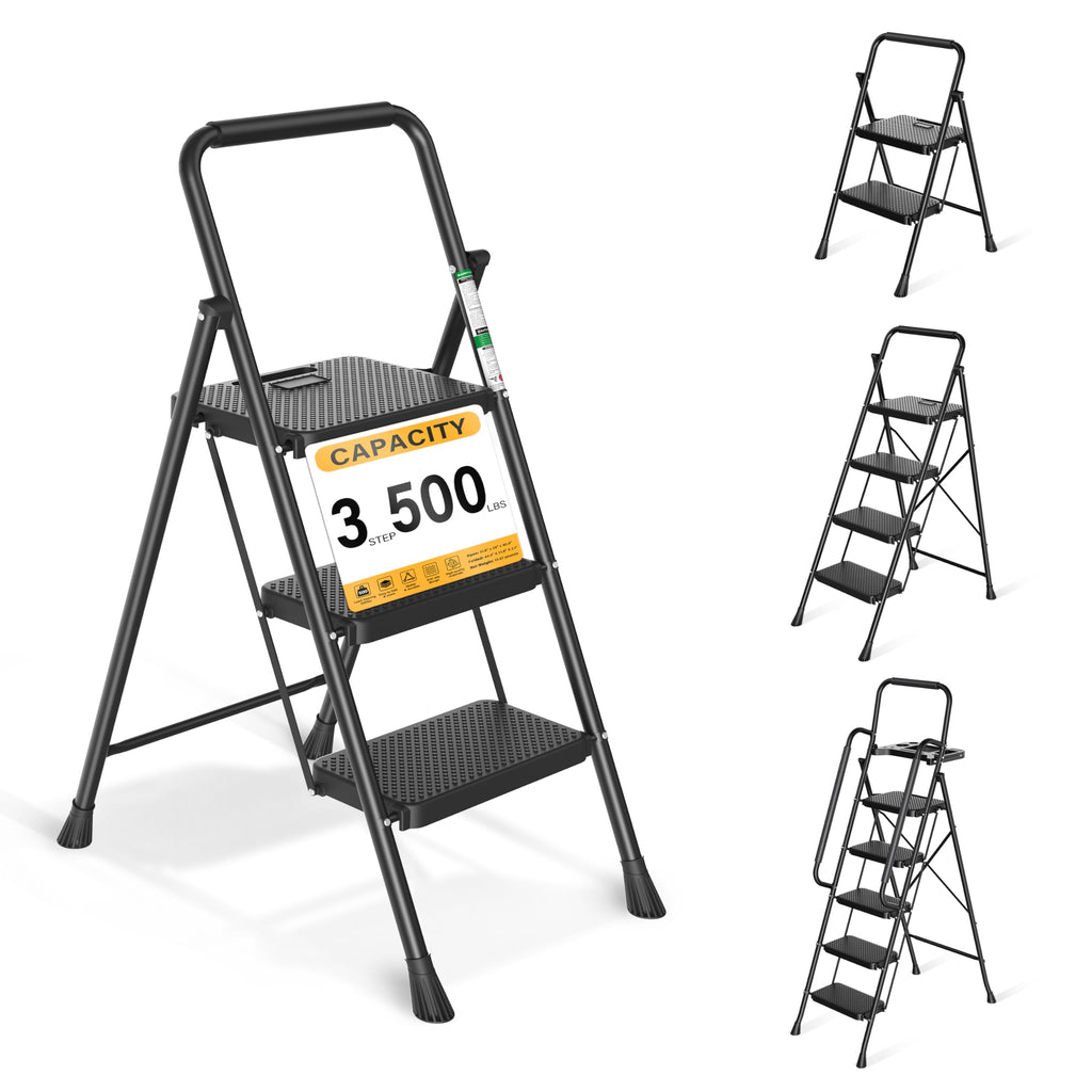 3 Step Ladder, Folding Step Stool with Wide Anti-Slip Pedals, 500lbs Sturdy Steel Ladder with Handrail, Space-Saving, Portable for Home & Adults, Black