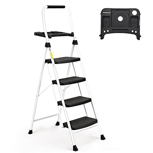 4 Step Ladder, Folding Step Stool with Tool Platform, Sturdy& Portable Steel Ladder for Adults, 330LBS Capacity Ladder for Home Kitchen Pantry Office