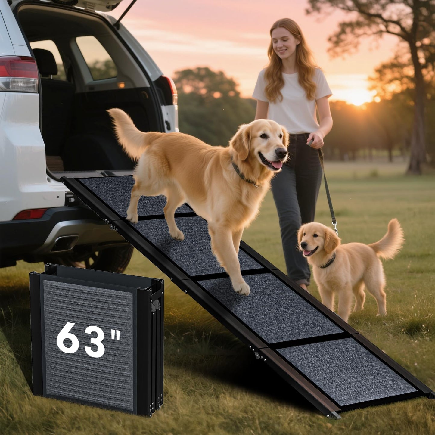 63" Long & 17.3" Wide Folding Dog Ramp for Car, SUV & Truck – Portable Pet Ramp with Non-Slip Surface, Extra Wide Steps for Large Dogs Up to 250LBS