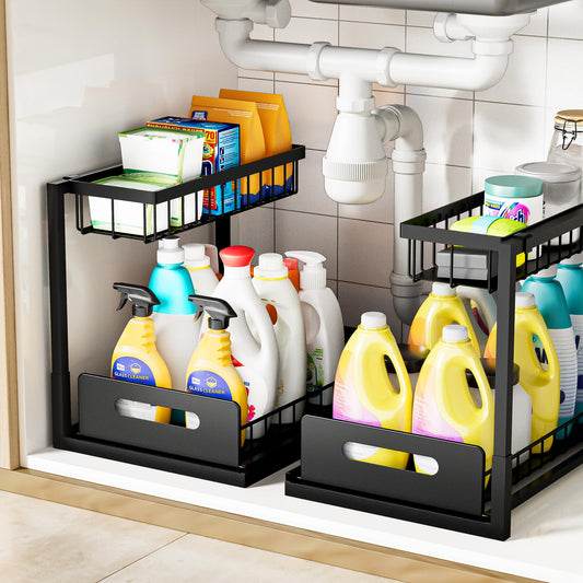 Under Sink Organizer and Storage, Slide Out Cabinet Organizer, Pull Out Sink Shelf for Kitchen Bathroom Laundry, 2 Pack Black