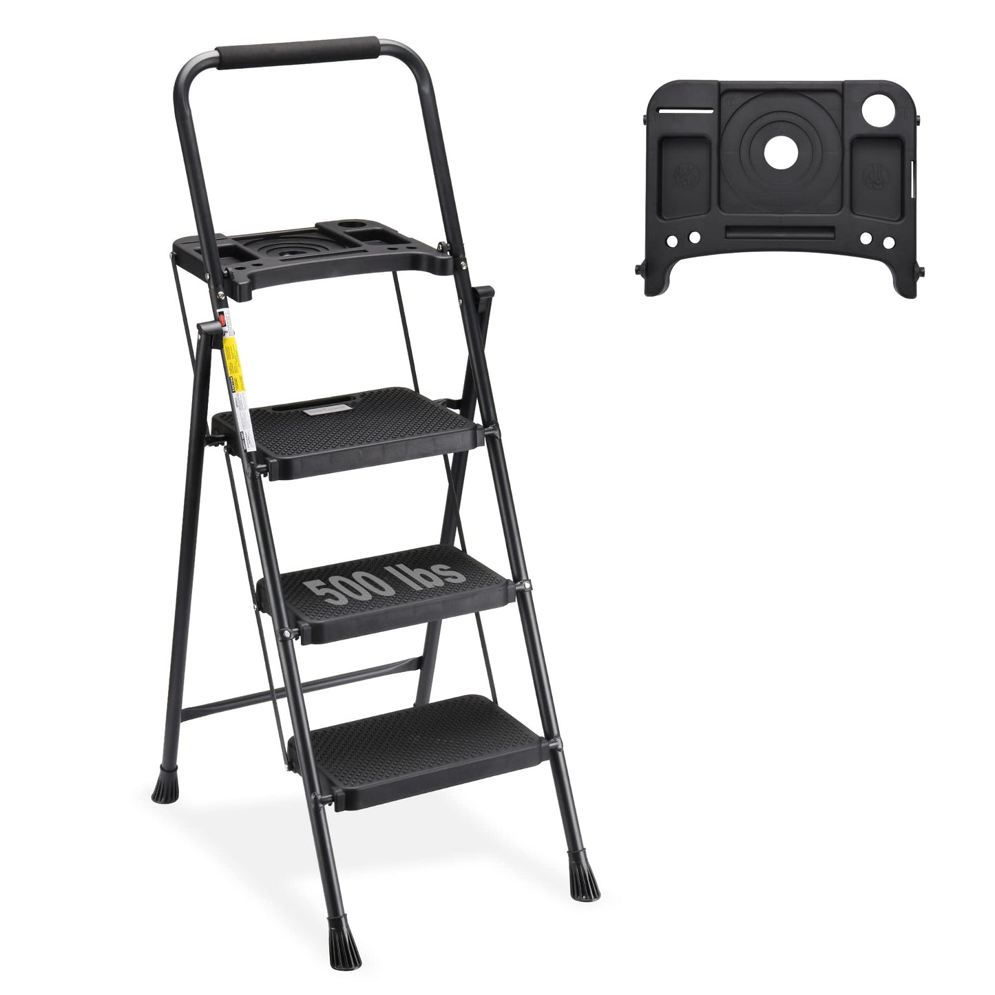 3 Step Ladder with Tool Tray, Folding Step Stool with Wide Non-Slip Pedal and Comfort Handgrip for Household and Office, Lightweight 500lbs Capacity Step Ladder, Black