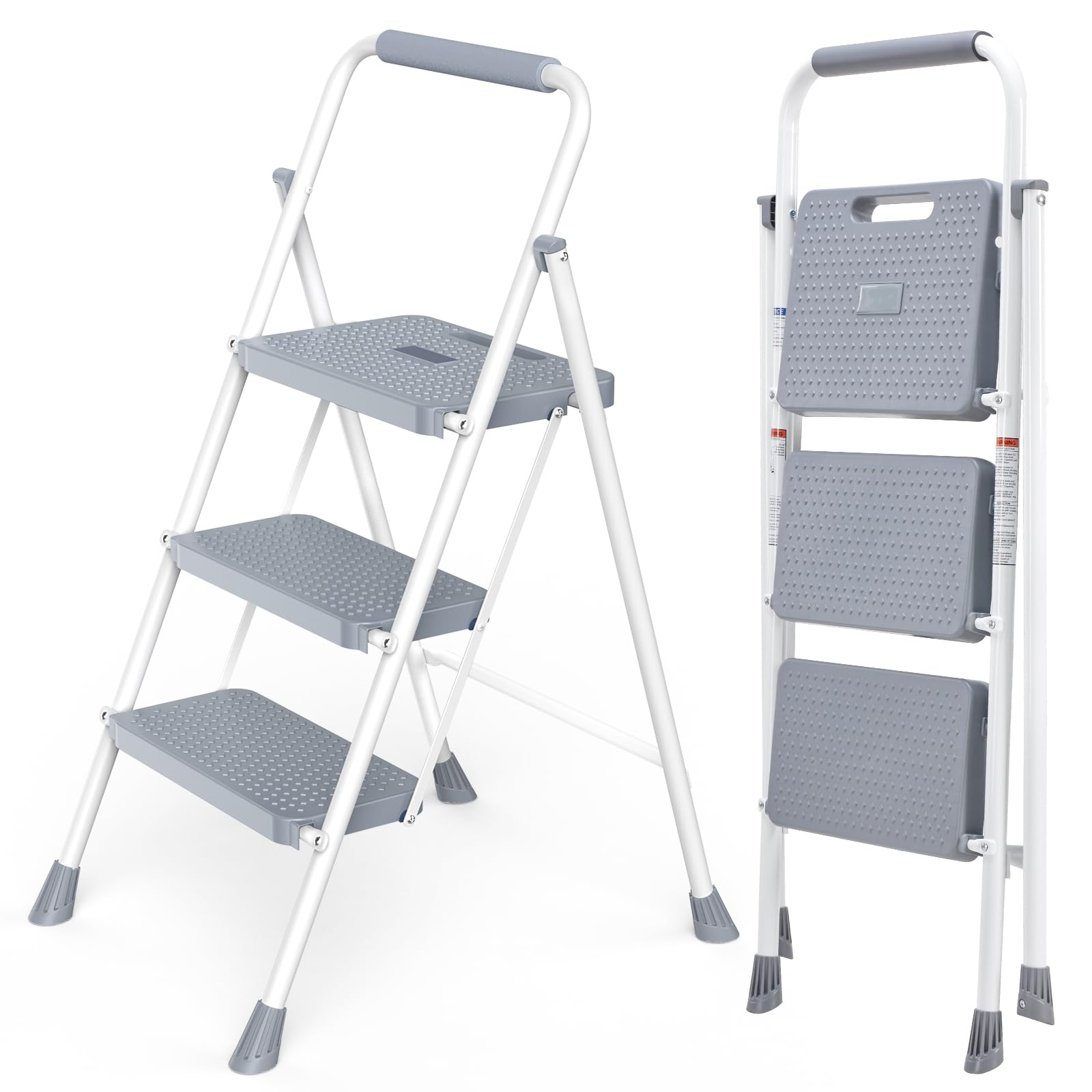 3 Step Ladder, Collapsible Step Stool with Safety Lock, Anti-Slip Rubber Feet, Lightweight Portable Ladder for Home Office Garage, Grey & White