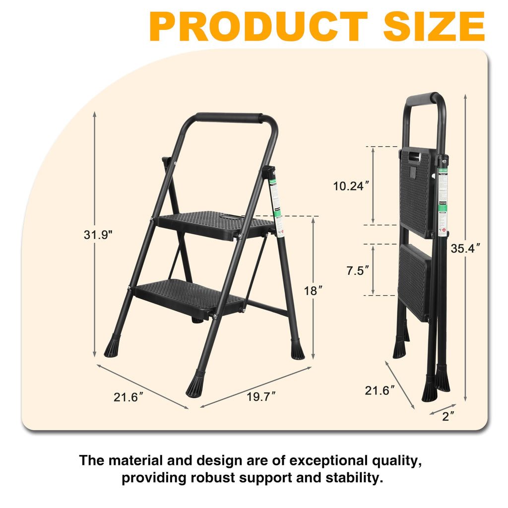 2 Step Ladder, Portable Steel Folding Step Stool with Wide Anti-Slip Pedal & Convenient Handgrip, 500lbs Sturdy Steel Ladder, Black