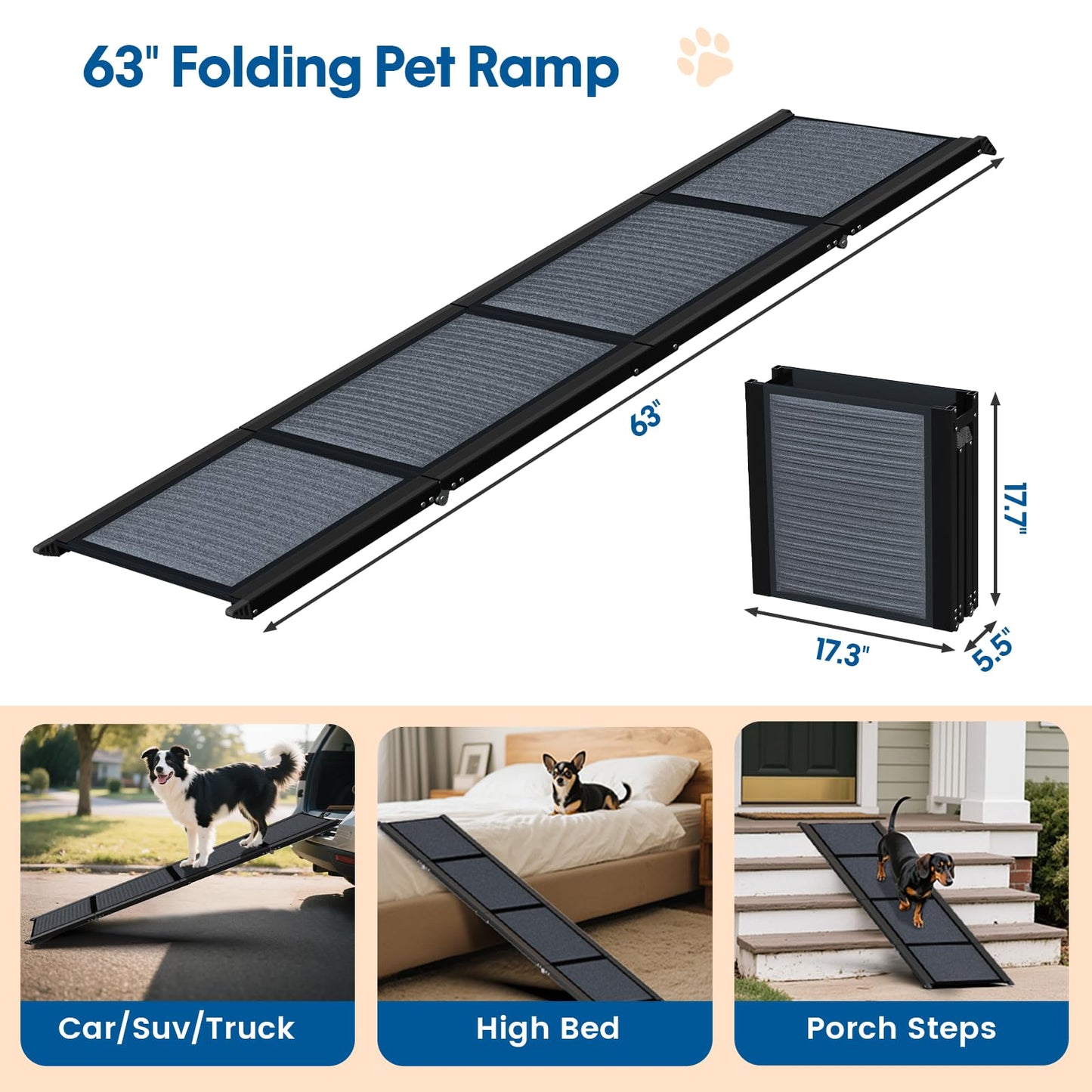 63" Long & 17.3" Wide Folding Dog Ramp for Car, SUV & Truck – Portable Pet Ramp with Non-Slip Surface, Extra Wide Steps for Large Dogs Up to 250LBS