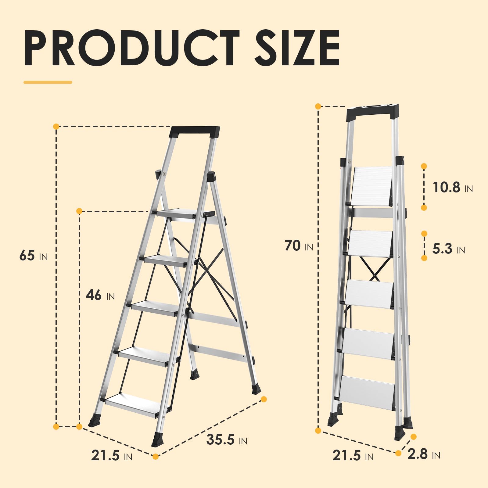5 Aluminum Step Ladder, Strudy Ladders for Home with Tool Tray, Anti-Slip Folding Step Stool for Adults, Light Weight Portable 330lbs Safety for Kitchen Warehouse Outdoor Work