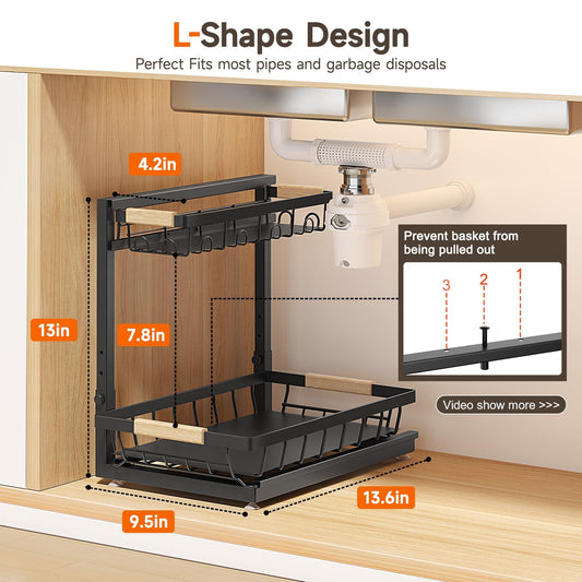 2 Packs Under Sink Organizer, High Adjustable 2 Tier Under Kitchen sink organizer, Multi-Purpose Storage Shelf for Kitchen Bathroom Cabinet, Black (Black)