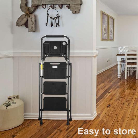 3 Step Ladder with Tool Tray, Folding Step Stool with Wide Non-Slip Pedal and Comfort Handgrip for Household and Office, Lightweight 500lbs Capacity Step Ladder, Black