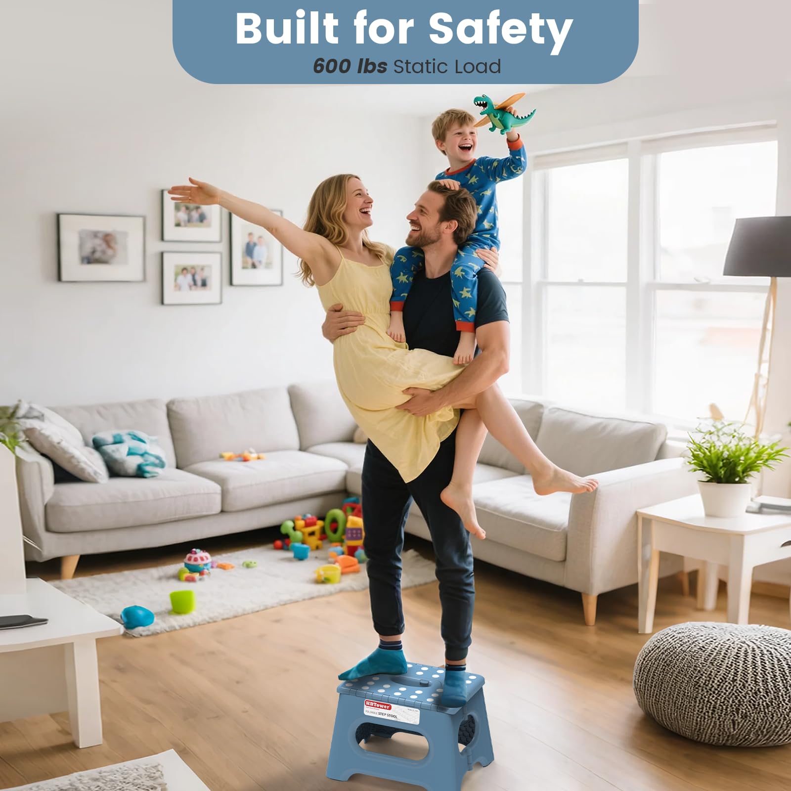 Folding Step Stool 9 Inch - Holds 600 lb, Non-Slip Surface & Carry Handle - Sturdy Step Stool for Kids, Toddlers & Adults - Compact Foldable Foot Stool for Kitchen, Bathroom, Bedroom(Blue)