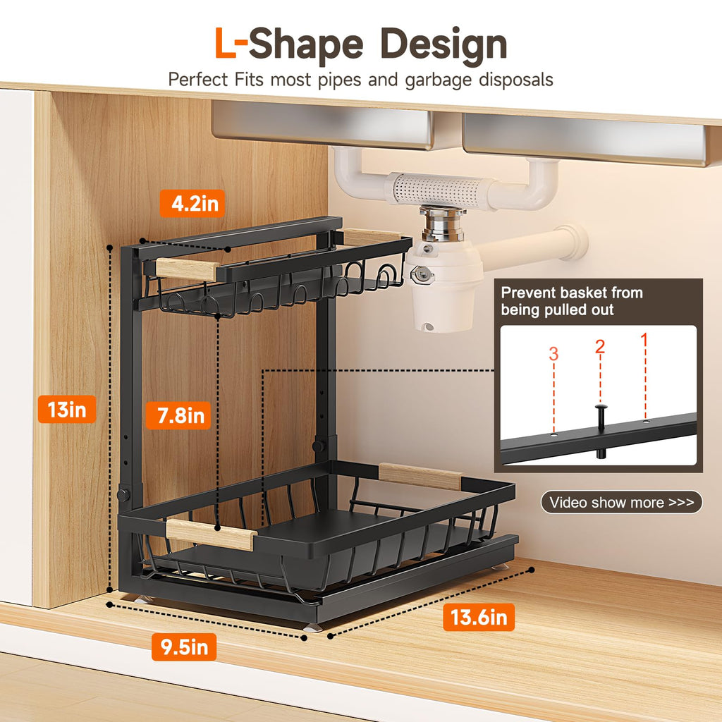 2 Packs Under Sink Organizer, Height Adjustable 2 Tier Under Kitchen Sink Organizer, Multi-Purpose Storage Shelf for Kitchen Bathroom Cabinet (Black)