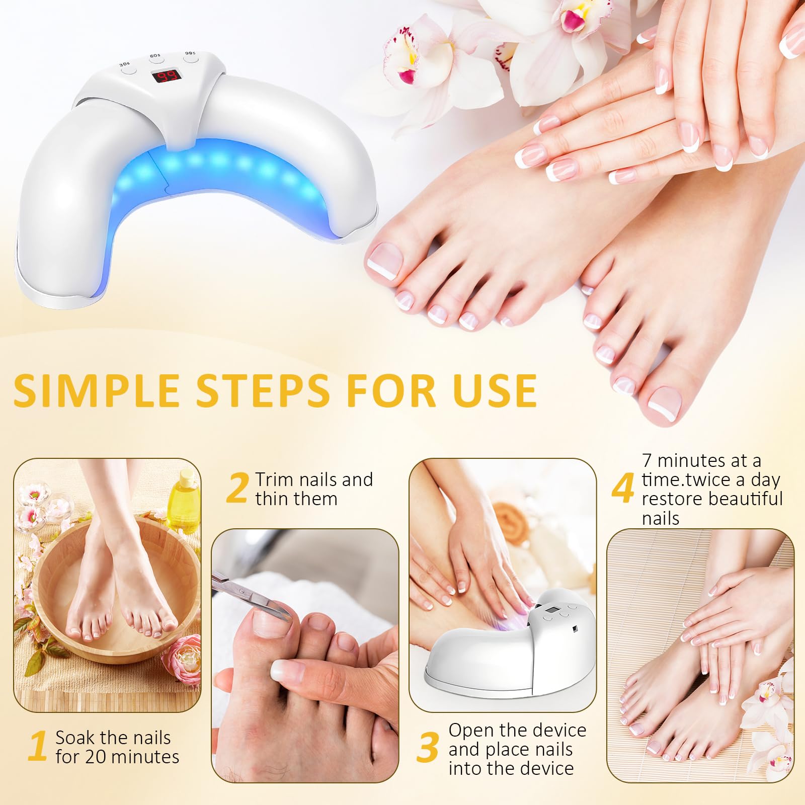 Nail Fungus Laser Treatment LED Light Device, Nail Fungus Cleaning Light Device for Damaged, Thick Toenails and Fingernails, Suitable for Home Use (White)