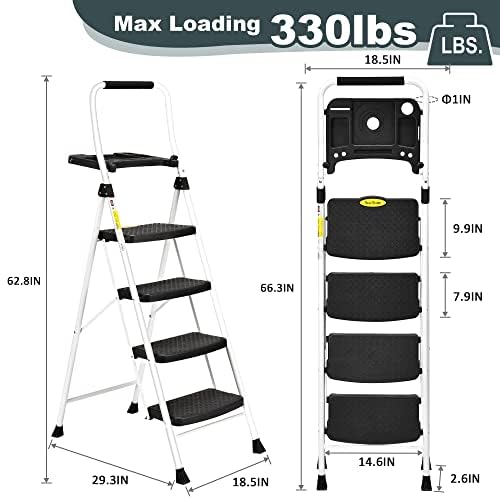 4 Step Ladder, Folding Step Stool with Tool Platform, Sturdy& Portable Steel Ladder for Adults, 330LBS Capacity Ladder for Home Kitchen Pantry Office