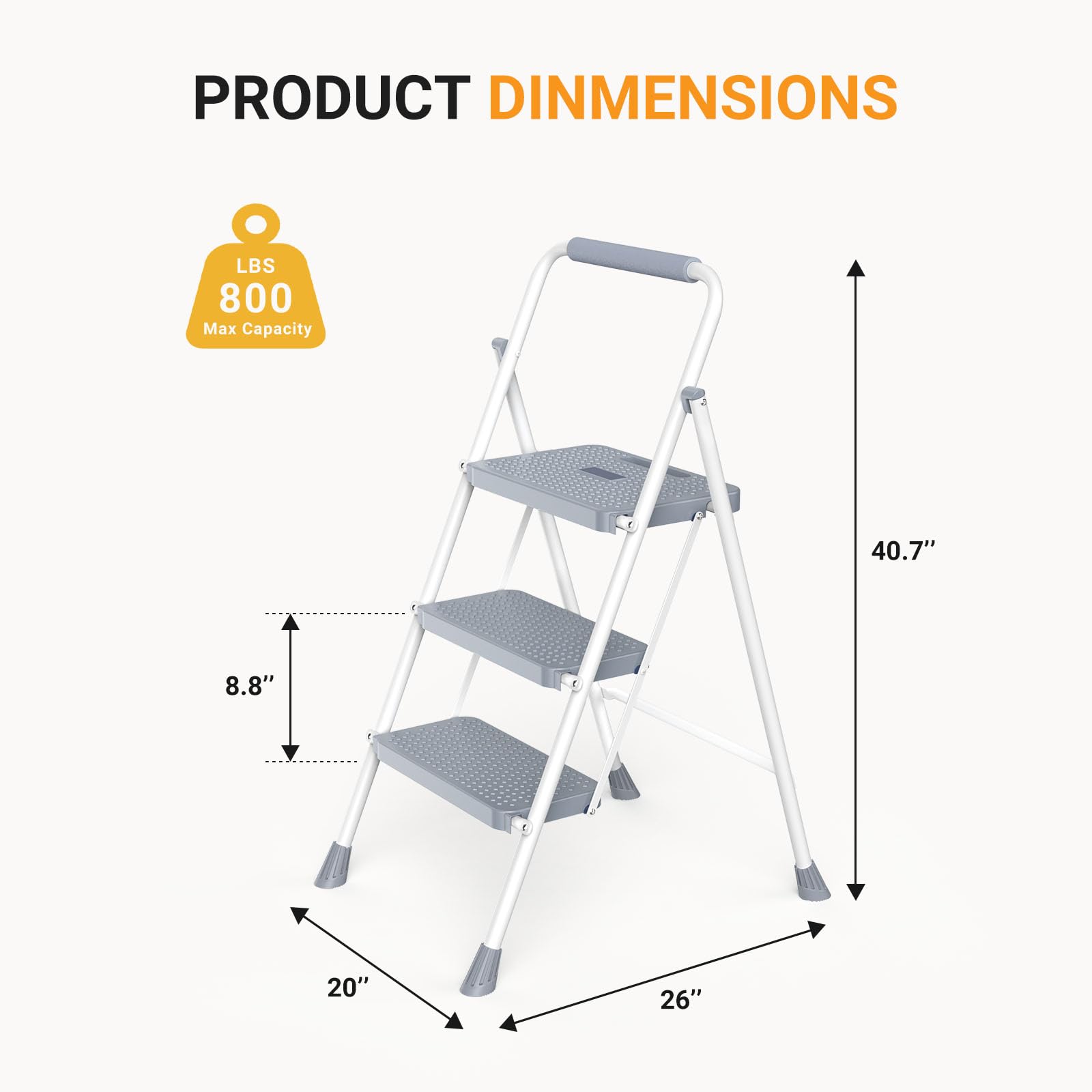 3 Step Ladder, Collapsible Step Stool with Safety Lock, Anti-Slip Rubber Feet, Lightweight Portable Ladder for Home Office Garage, Grey White