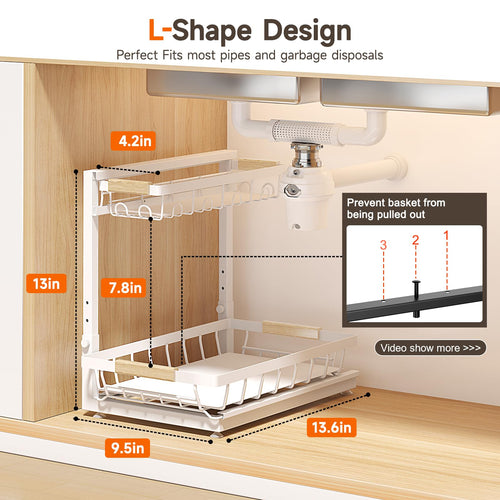 2 Packs Under Sink Organizer, High Adjustable 2 Tier Under Kitchen sink organizer, Multi-Purpose Storage Shelf for Kitchen Bathroom Cabinet (White)