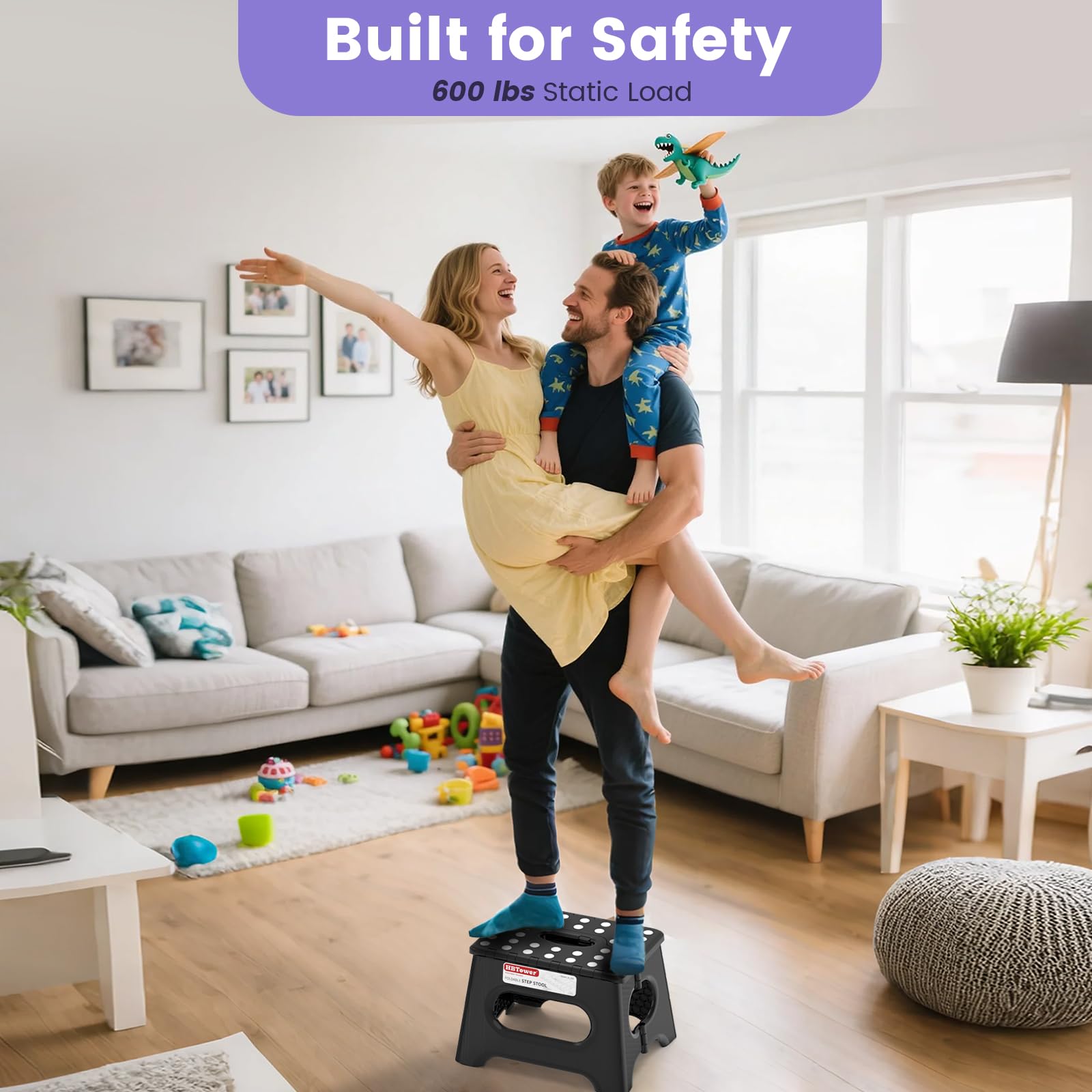 Folding Step Stool 9 Inch - Holds 600 lb, Non-Slip Surface & Carry Handle - Sturdy Step Stool for Kids, Toddlers & Adults - Compact Foldable Foot Stool for Kitchen, Bathroom, Bedroom, Outdoor