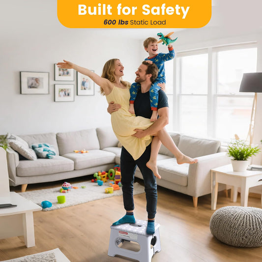 Folding Step Stool 9 Inch - Holds 600 lb, Non-Slip Surface & Carry Handle - Sturdy Step Stool for Kids, Toddlers & Adults - Compact Foldable Foot Stool for Kitchen, Bathroom, Bedroom(White)