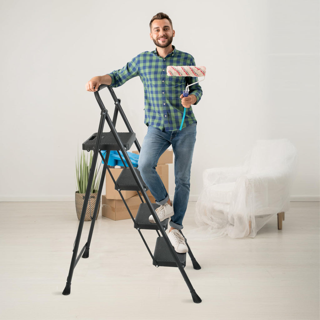 4 Step Ladder, Folding Step Stool with Wide Anti-Slip Pedals, 500lbs Sturdy Steel Ladder with Handrail, Space-Saving, Portable for Home & Adults, Black