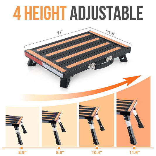 Safety RV Steps, Height Adjustable Folding Platform Step with 17" X 12" Anti-Slip Surface, Rubber Feet, Handle, Reflective Strips, and T Level, Aluminum RV Step Stool Supports Up to 1000lbs