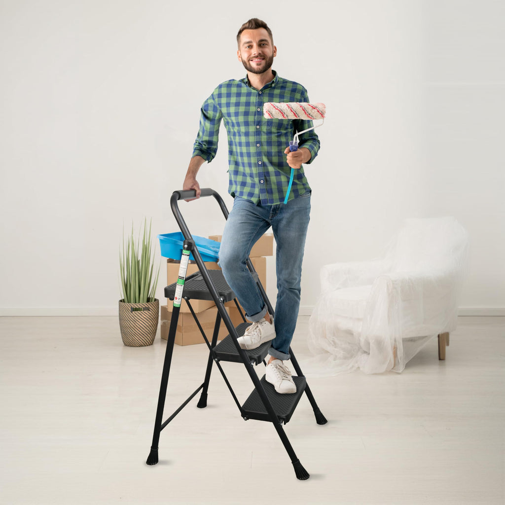 3 Step Ladder, Folding Step Stool with Wide Anti-Slip Pedals, 500lbs Sturdy Steel Ladder with Handrail, Space-Saving, Portable for Home & Adults, Black