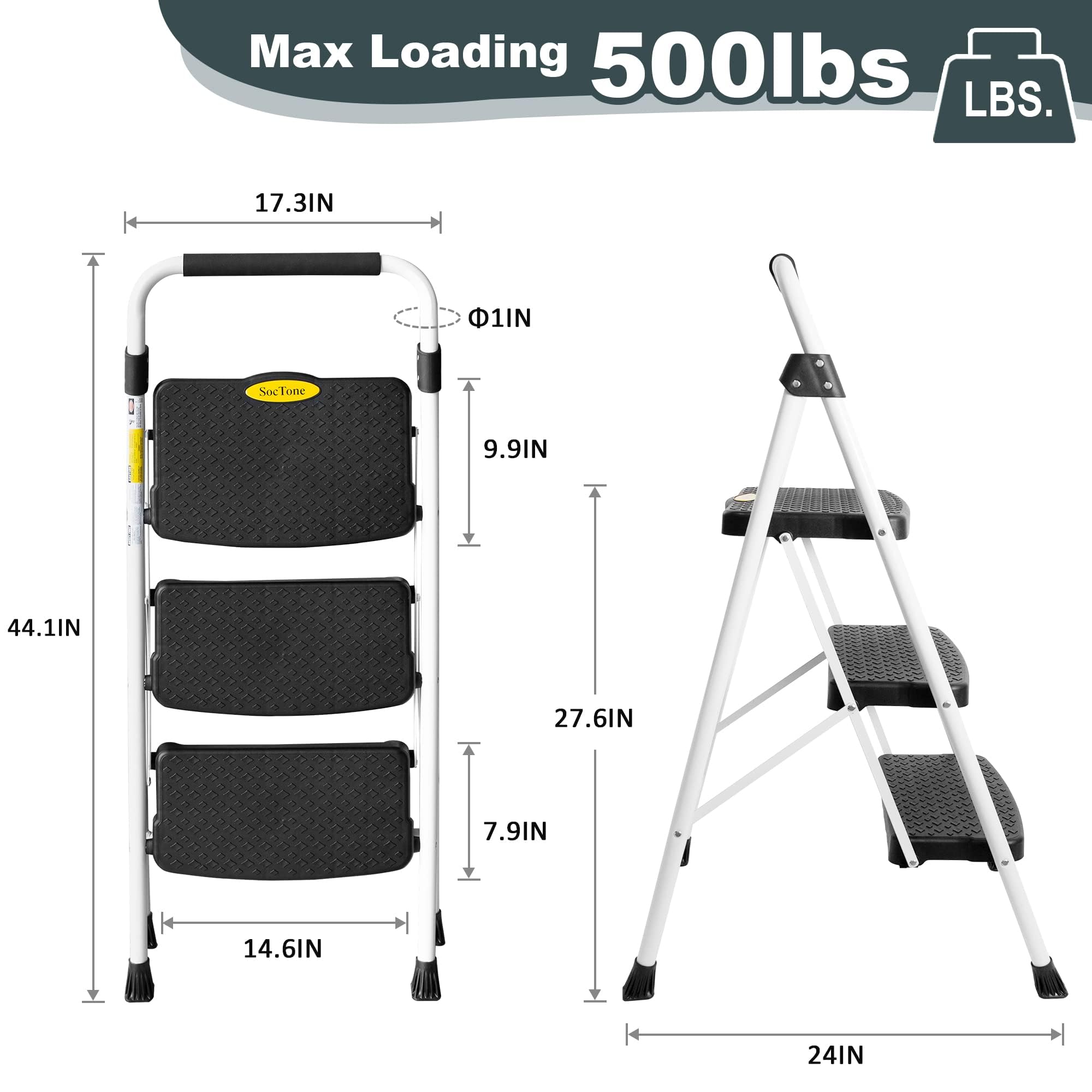 3 Step Ladder, Folding Step Stool for Adults with Handle, Lightweight, Perfect for Kitchen& Household, 500lbs Capacity Sturdy Steel Ladder White