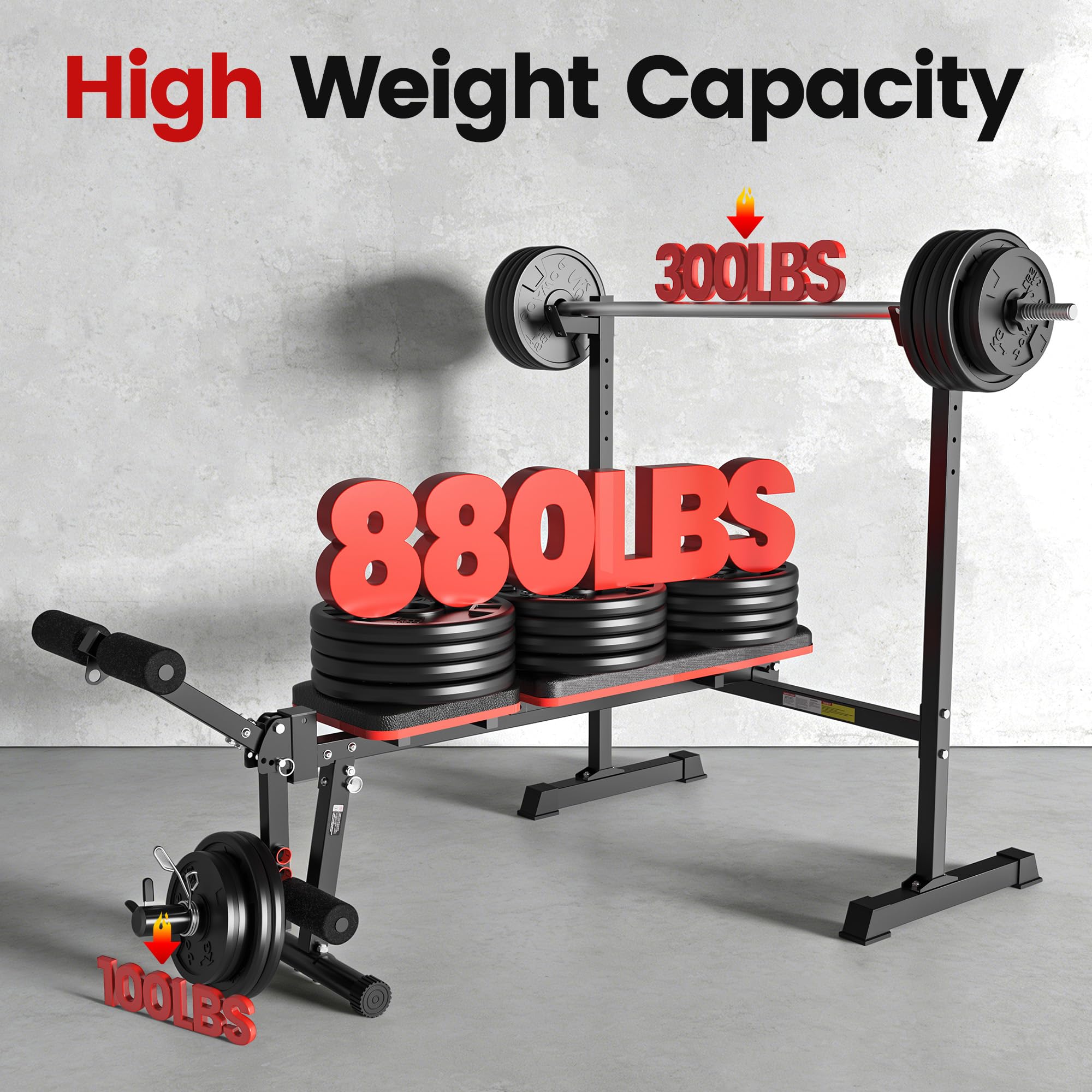 10 in 1 Weight Bench Set, 880LBS Weight Bench with Rack and Leg Extension, Adjustable Bench Press Set with Safety Bar Catches, Fasting Foldable Workout Benches for Home Gym Fitness