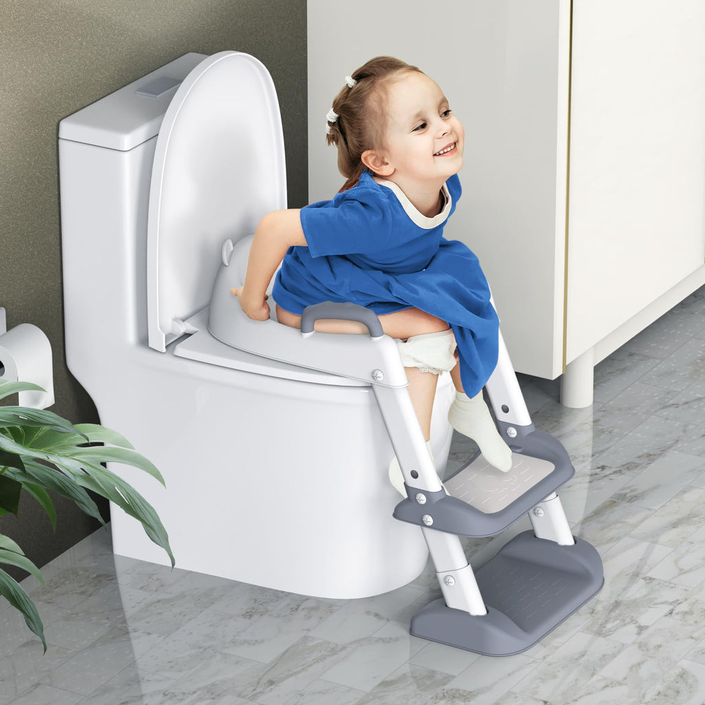 Potty Training Seat with Step Stool Ladder for Toddlers, Adjustable Kids Toilet Seat with Splash Guard, Anti-Slip Pads & Safety Handles, Comfortable Potty Chair for Boys & Girls (Grey)