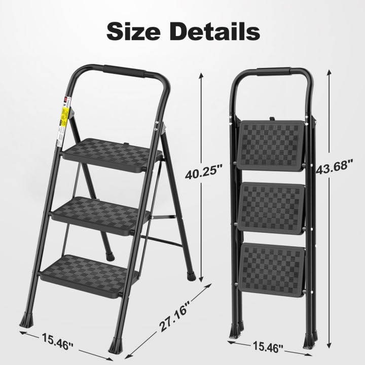 3 Step Ladder, 3 Step Stool for Adults, 3 Step Ladder Folding Step Stool with Cushioned Handle Step Ladder with Wide Pedal Ergonomic Design,Black