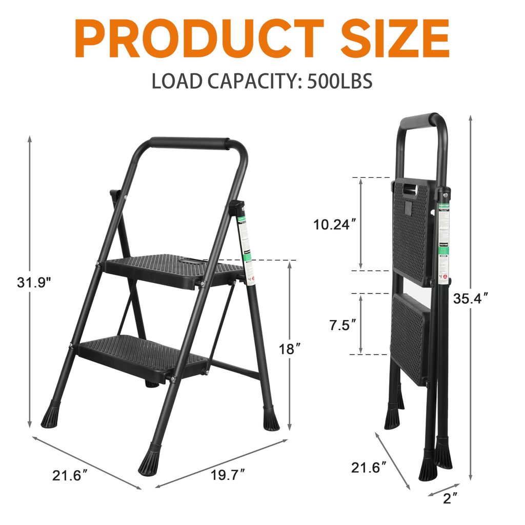 2 Step Ladder, Folding Step Stool with Wide Anti-Slip Pedals, 500lbs Sturdy Steel Ladder with Handrail, Space-Saving, Portable for Home & Adults, Black
