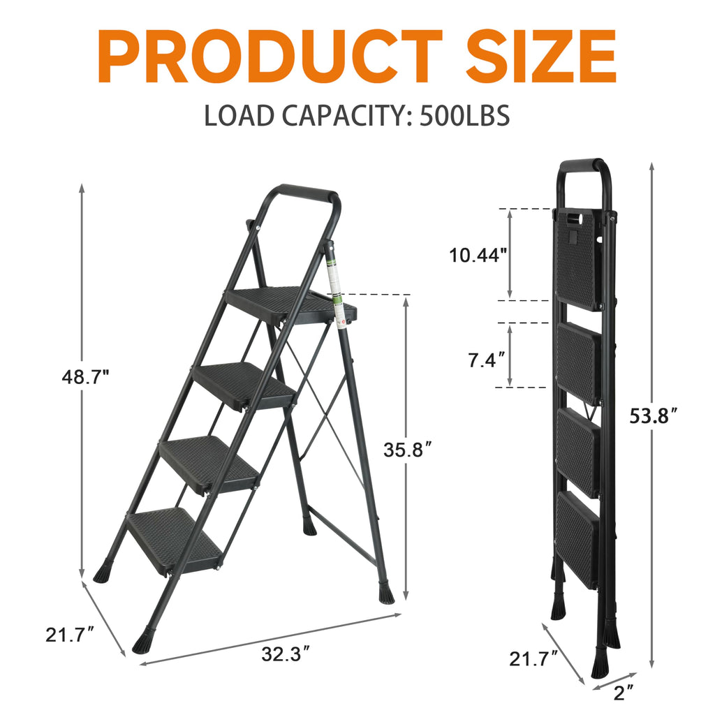 4 Step Ladder, Folding Step Stool with Wide Anti-Slip Pedals, 500lbs Sturdy Steel Ladder with Handrail, Space-Saving, Portable for Home & Adults, Black