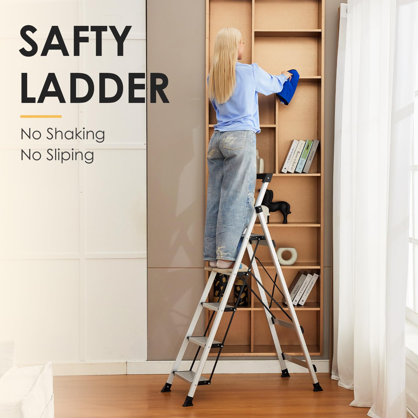 5 Aluminum Step Ladder, Strudy Ladders for Home with Tool Tray, Anti-Slip Folding Step Stool for Adults, Light Weight Portable 330lbs Safety for Kitchen Warehouse Outdoor Work