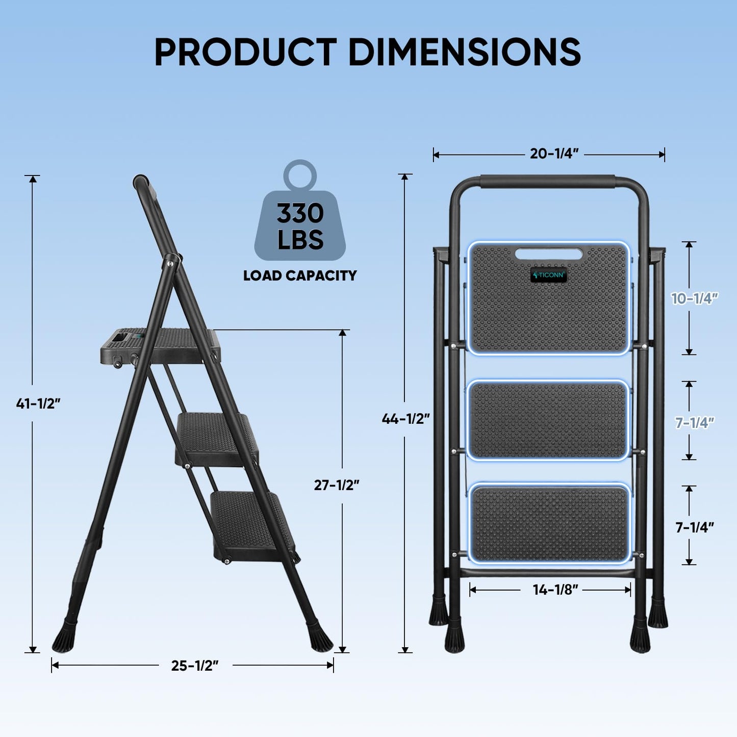 3 Step Ladder, Heavy Duty Foldable Step Stool, Portable Steel Folding Stool for Household Garage Storage (Black)