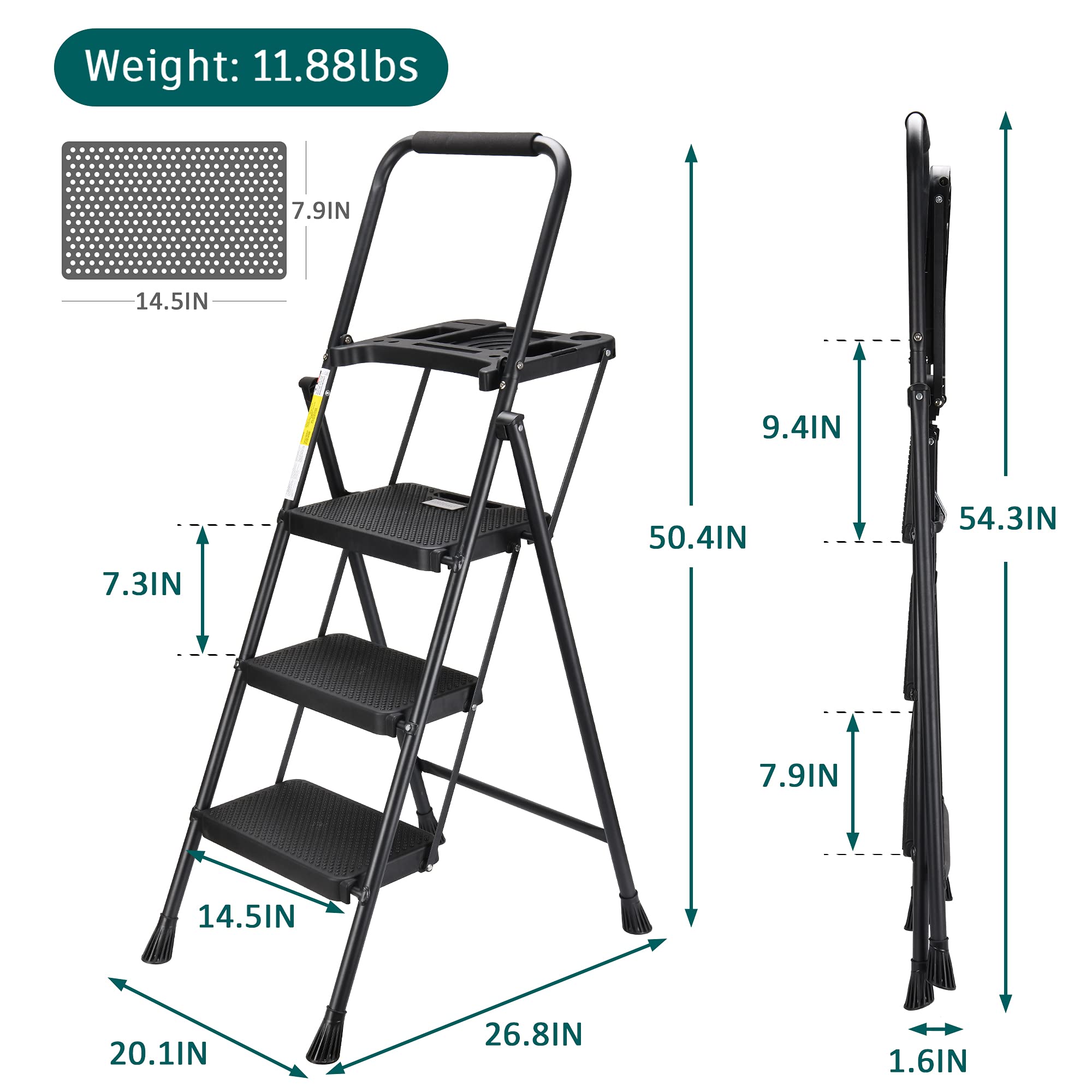3 Step Ladder with Tool Tray, Folding Step Stool with Wide Non-Slip Pedal and Comfort Handgrip for Household and Office, Lightweight 500lbs Capacity Step Ladder, Black