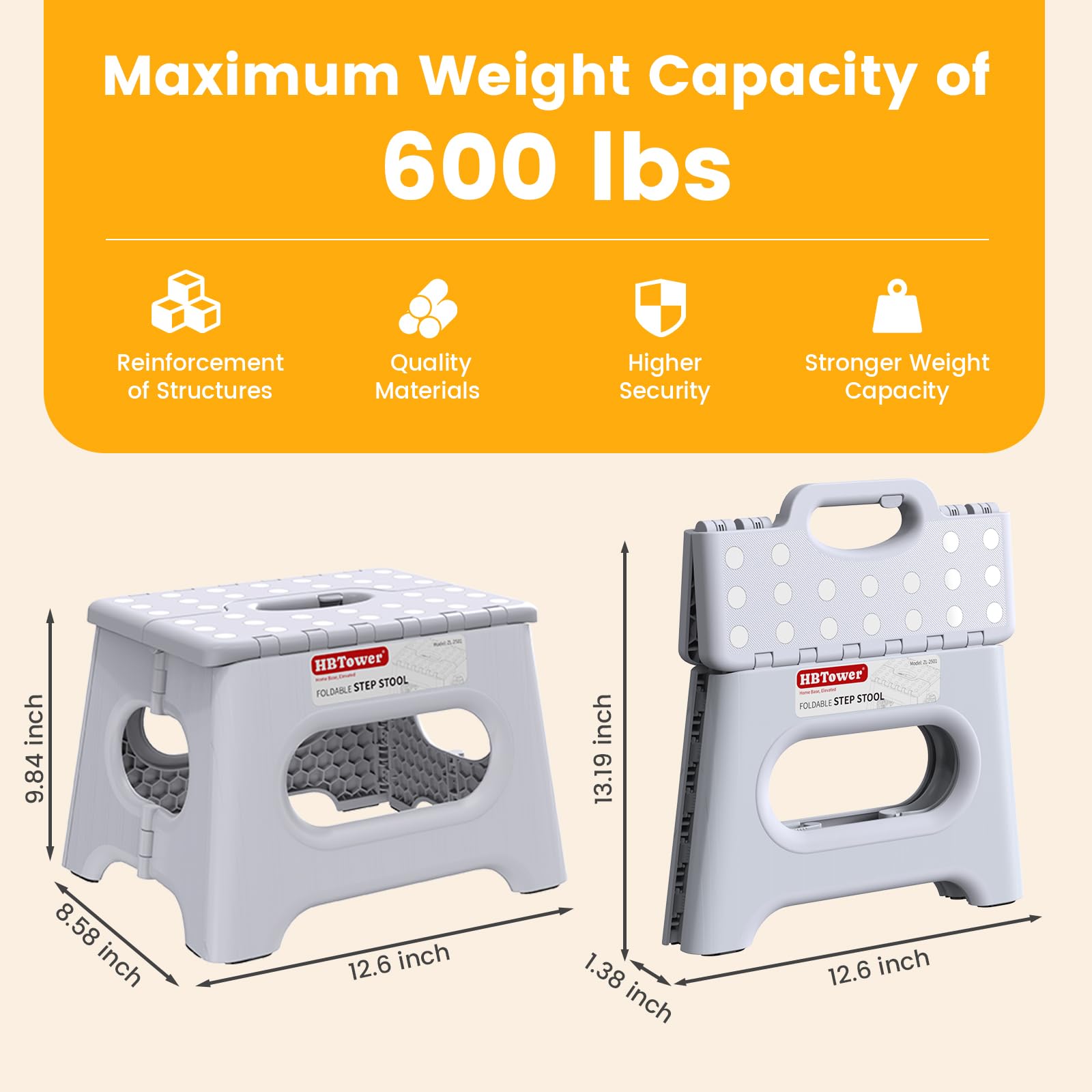 Folding Step Stool 9 Inch - Holds 600 lb, Non-Slip Surface & Carry Handle - Sturdy Step Stool for Kids, Toddlers & Adults - Compact Foldable Foot Stool for Kitchen, Bathroom, Bedroom(White)