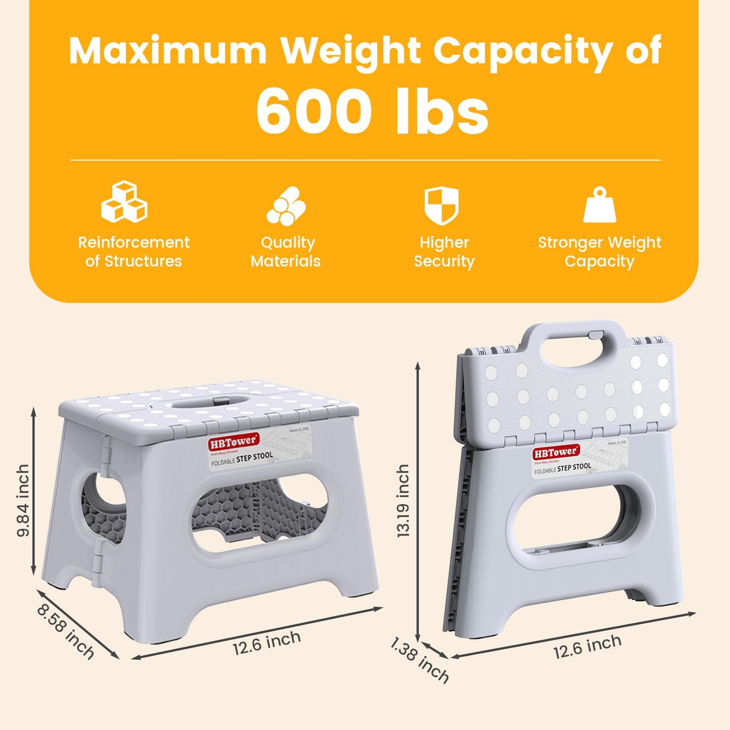 Folding Step Stool 9 Inch - Holds 600 lb, Non-Slip Surface & Carry Handle - Sturdy Step Stool for Kids, Toddlers & Adults - Compact Foldable Foot Stool for Kitchen, Bathroom, Bedroom(White)