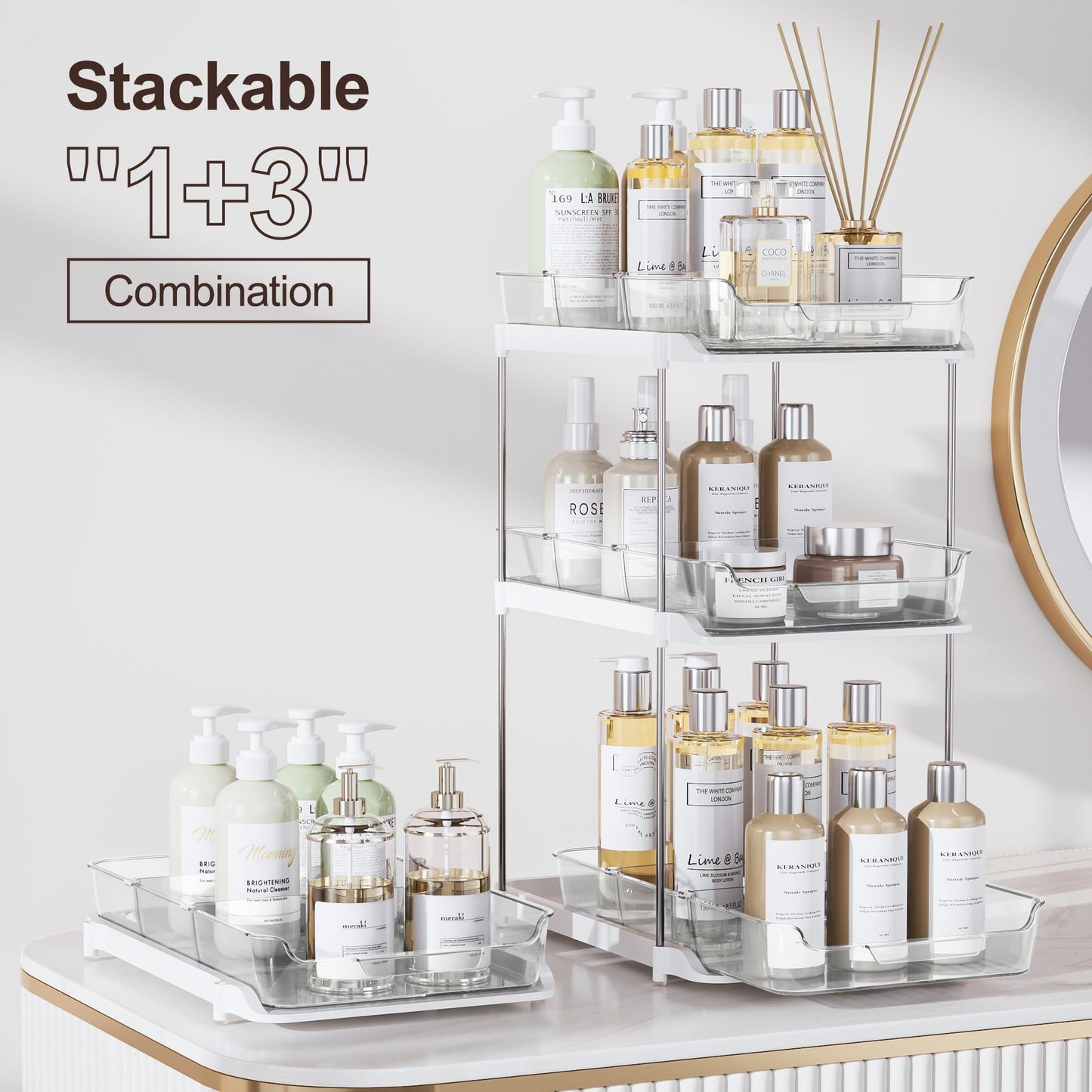 2 Sets of 2-Tier Multi-Purpose Bathroom Under Sink Organizers and Storage, Stackable Kitchen Pantry Organization, Pull Out Medicine Cabinet Organizer with 8 Movable Dividers