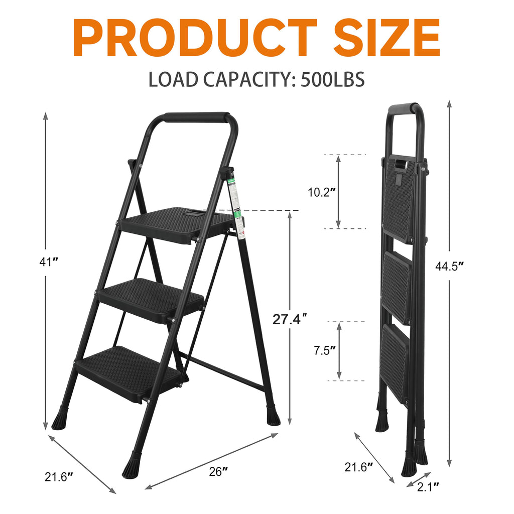 3 Step Ladder, Folding Step Stool with Wide Anti-Slip Pedals, 500lbs Sturdy Steel Ladder with Handrail, Space-Saving, Portable for Home & Adults, Black