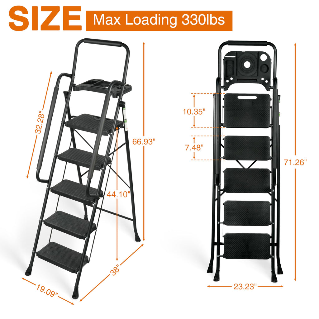 5 Step Ladder, Folding Step Stool with Wide Anti-Slip Pedals, Sturdy Steel Ladder with Handrail, Tool Platfor, Portable for Home & Adults, Black