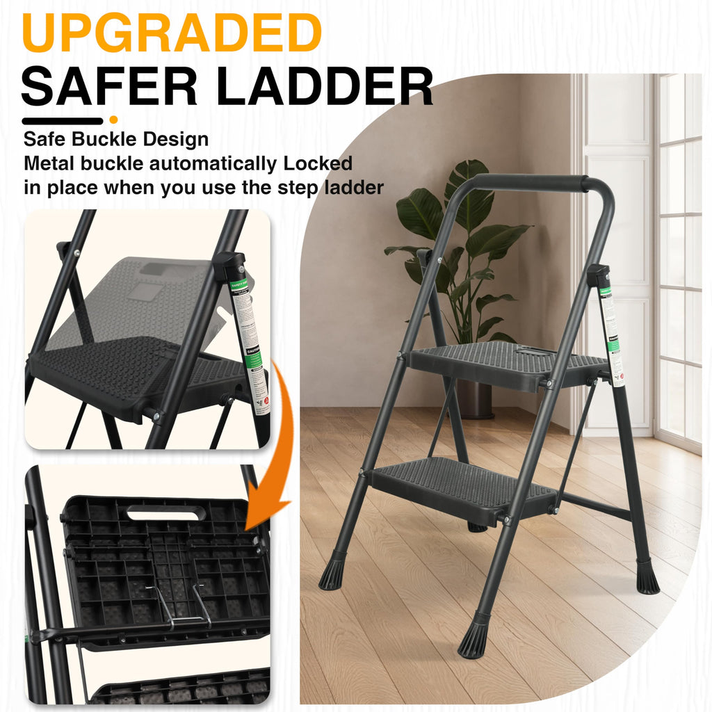 2 Step Ladder, Portable Steel Folding Step Stool with Wide Anti-Slip Pedal & Convenient Handgrip, 500lbs Sturdy Steel Ladder, Black
