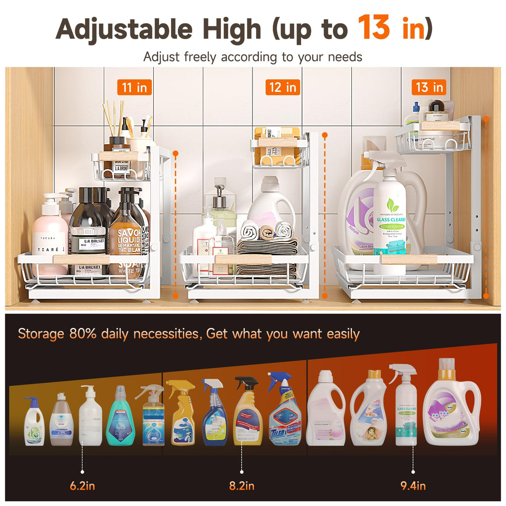 2 Packs Under Sink Organizer, High Adjustable 2 Tier Under Kitchen sink organizer, Multi-Purpose Storage Shelf for Kitchen Bathroom Cabinet (White)