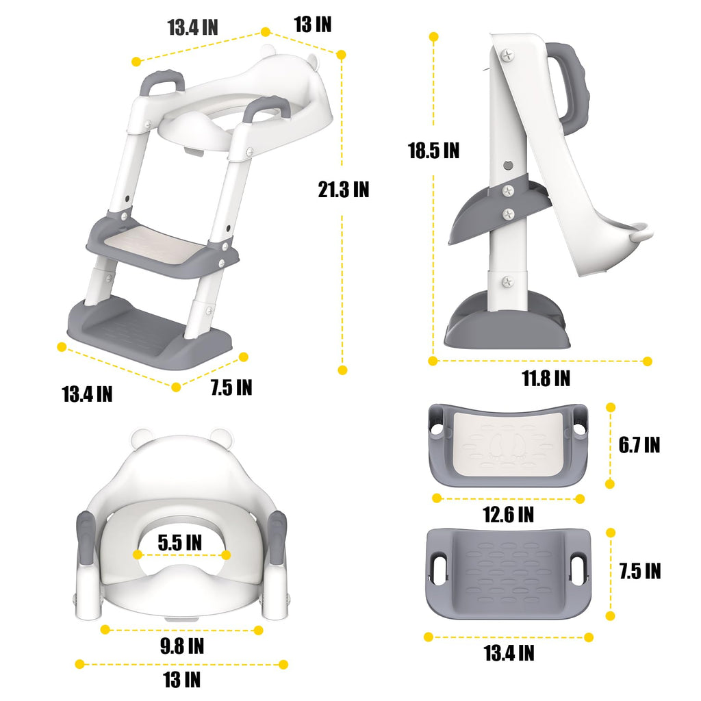 Potty Training Seat with Step Stool Ladder for Toddlers, Adjustable Kids Toilet Seat with Splash Guard, Anti-Slip Pads & Safety Handles, Comfortable Potty Chair for Boys & Girls (Grey)